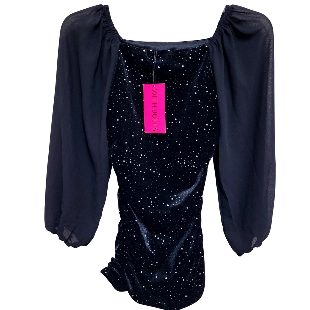 With Jules XL Black Velvet Glitter Starburst Sheer Puff Sleeve Dress Ruched Side - Picture 1 of 9